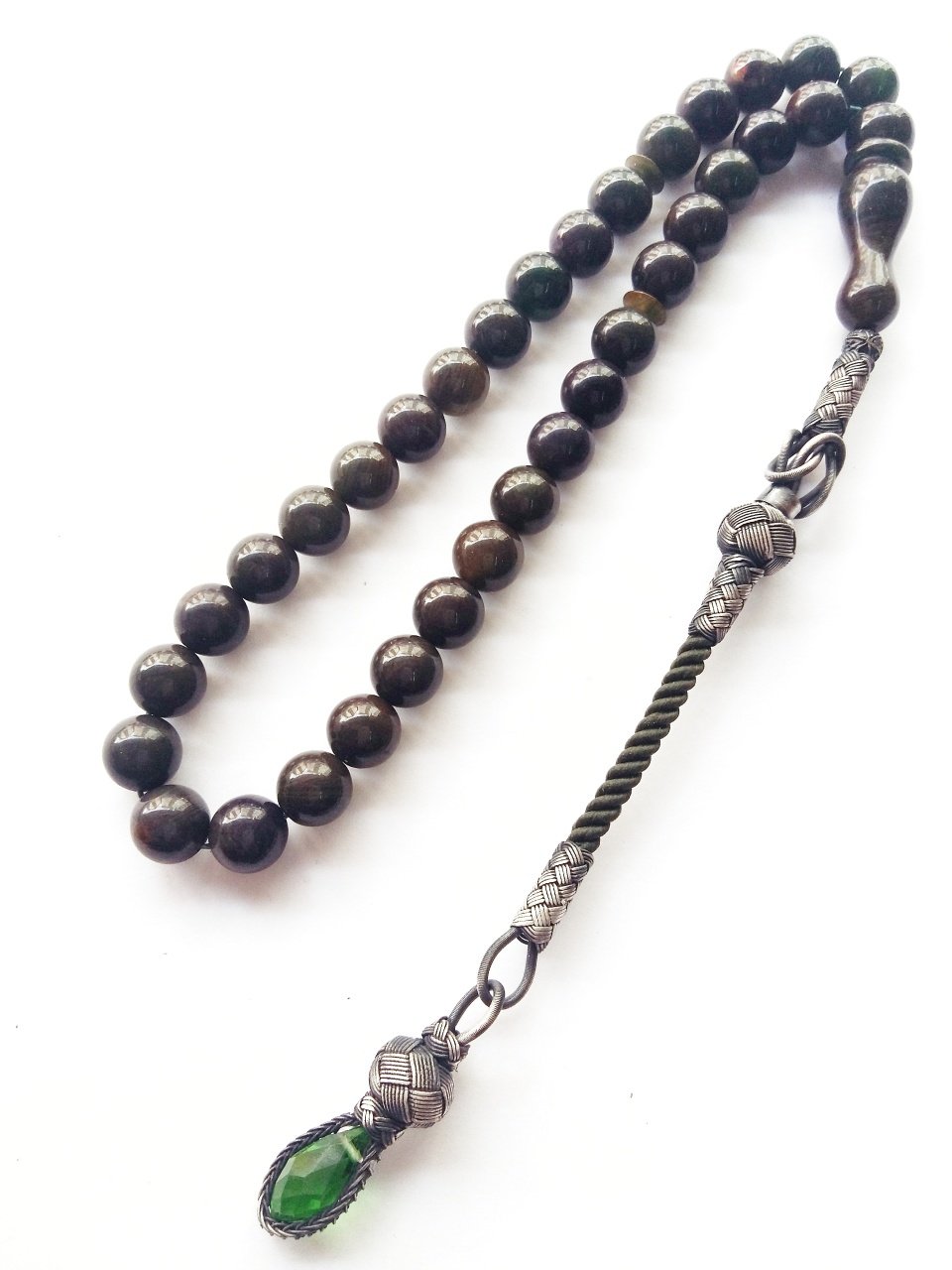 Kazaz Püsküllü Hareli Özel İşçilikli Koyu Haki Yeşili Ateş Kehribar Tesbih