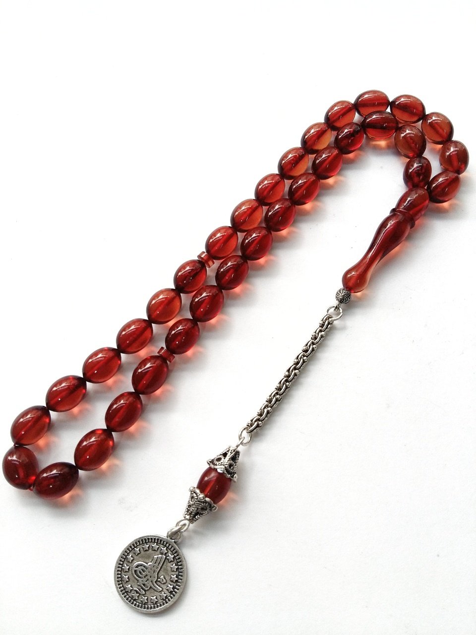 925 Ayar Gümüş Püsküllü Sıkma Kehribar Tesbih