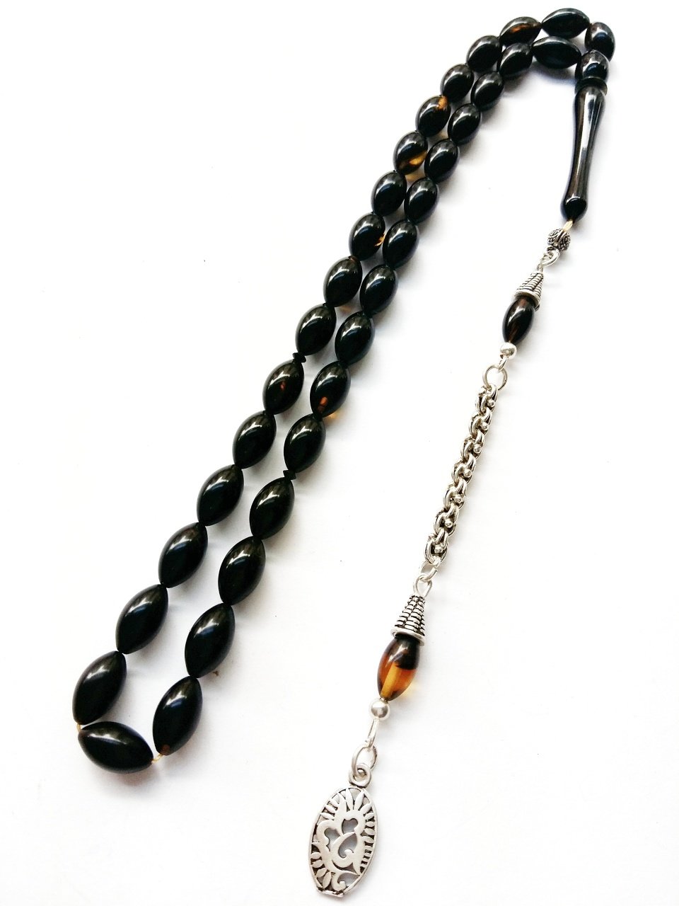 925 Ayar Gümüş Püsküllü Elde Yağ Gibi Çekimi Olan Birinci Sınıf Malzeme Yapımı  İşçilikli, Kolleksiyonluk  ve Günlük Çekime Uygun Sıkma Kehribar Tesbih