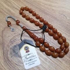 925 Ayar Gümüş Püsküllü Beyzi Kesim Sıkma Kehribar Tesbih