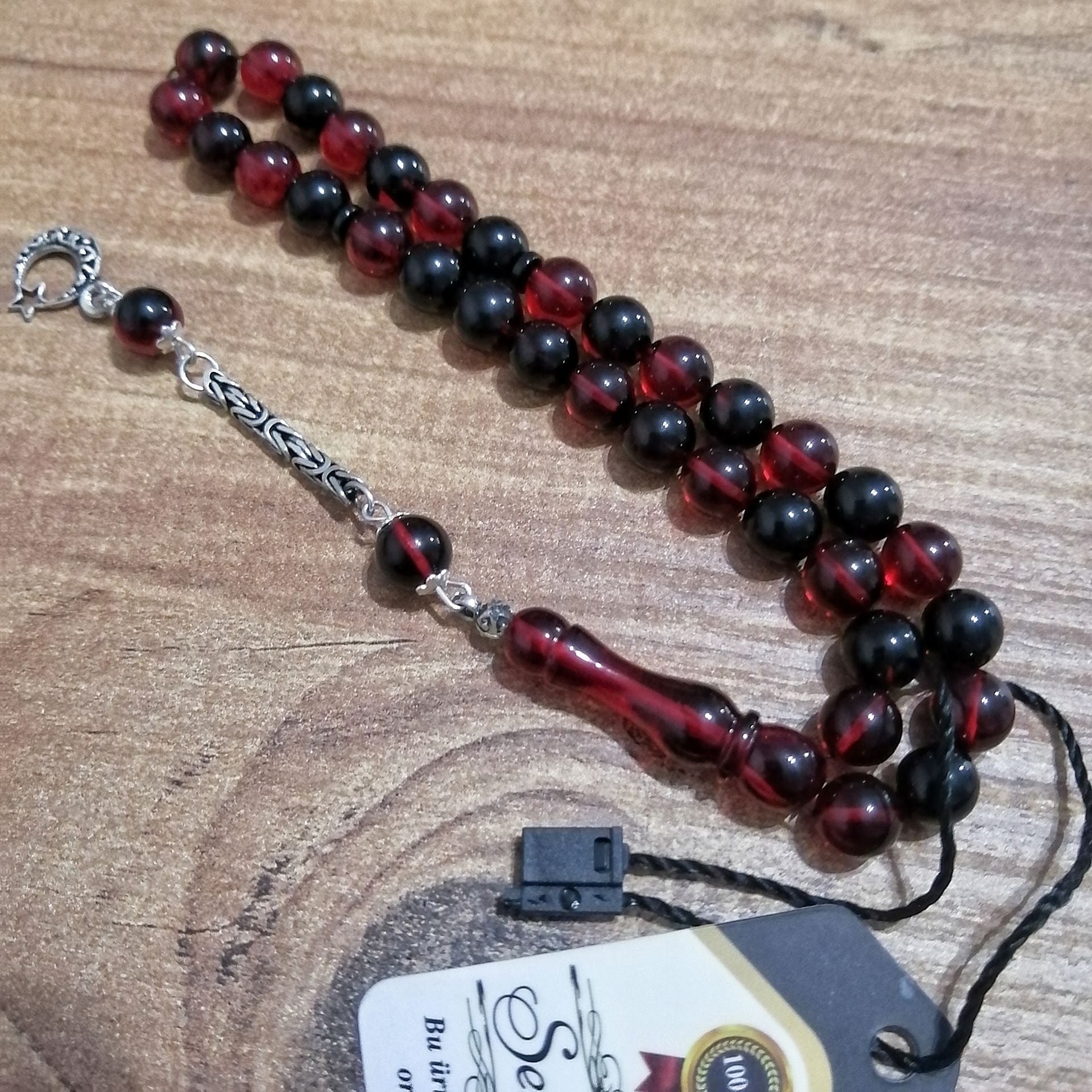 925 Ayar Gümüş Püsküllü Küre Kesim Ateş Kehribar Tesbih