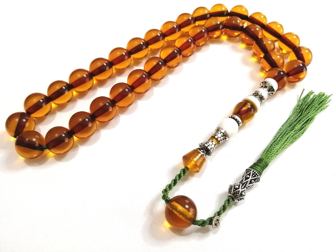 İp Püsküllü İmamesi 925 Ayar Gümüş Nakkaş İşçilikli Çubuk Malzeme Ateş Kehribar Tesbih