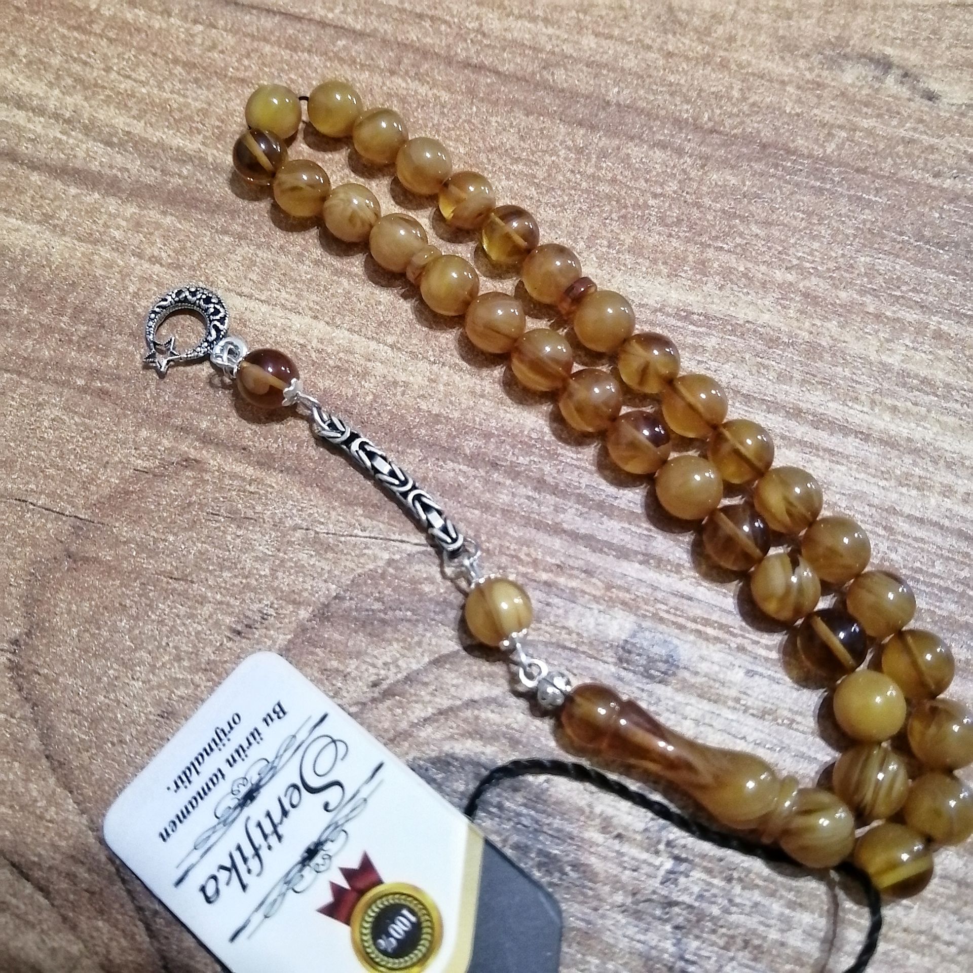 925 Ayar Gümüş Püsküllü Küre Kesim Sıkma Kehribar Tesbih