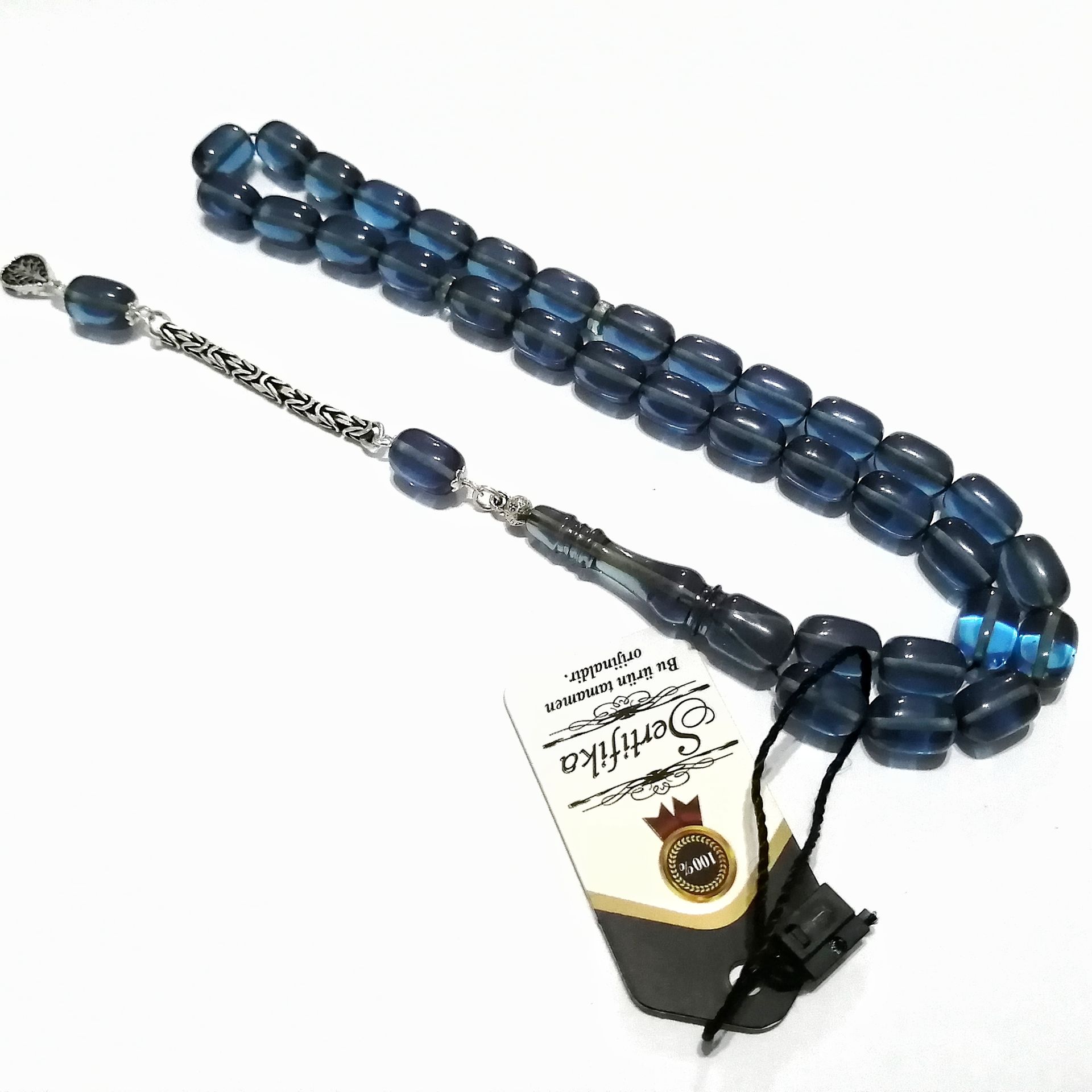 925 Ayar Gümüş Püsküllü Kapsül Kesim Çakır Mavisi Ateş Kehribar Tesbih