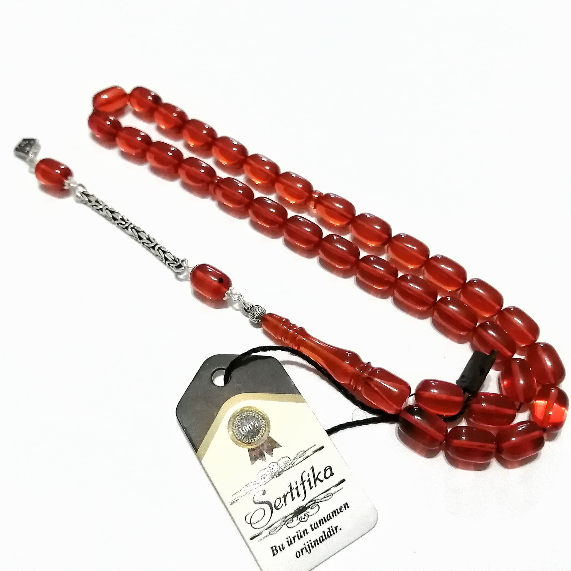 925 Ayar Gümüş Püsküllü Kapsül Kesim Zar Rengi Ateş Kehribar Tesbih