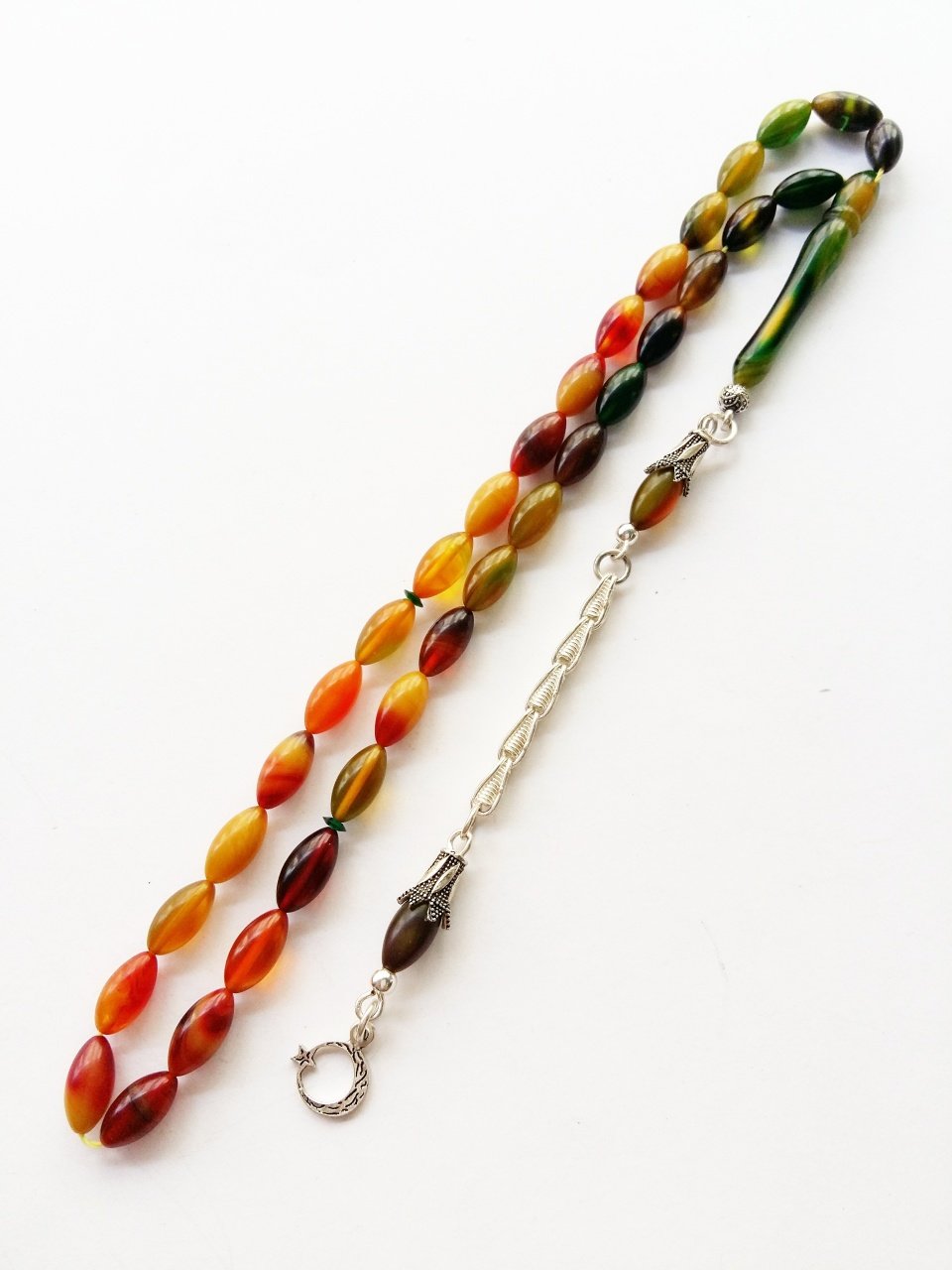 925 Ayar Gümüş Püsküllü Renk Cümbüşü Hareli Sıkma Kehribar Tesbih