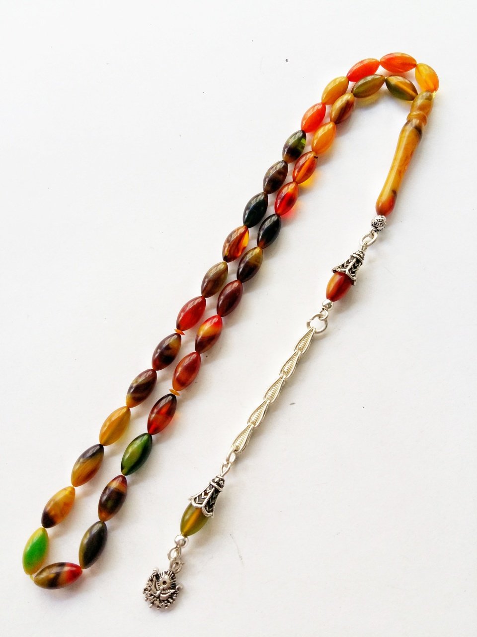 925 Ayar Gümüş Püsküllü Renk Cümbüşü Hareli Sıkma Kehribar Tesbih