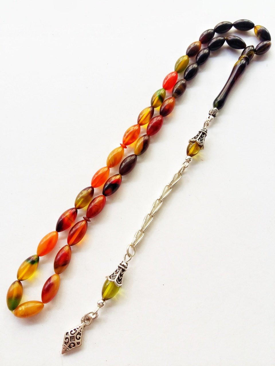 925 Ayar Gümüş Püsküllü Renk Cümbüşü Hareli Sıkma Kehribar Tesbih