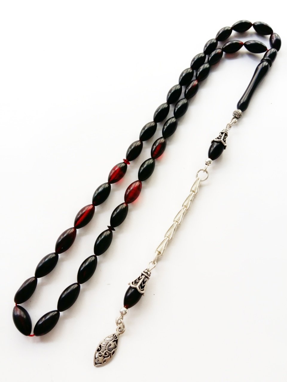 925 Ayar Gümüş Püsküllü Kırmızı Yansımalı Sıkma Kehribar Tesbih