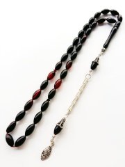 925 Ayar Gümüş Püsküllü Kırmızı Yansımalı Sıkma Kehribar Tesbih