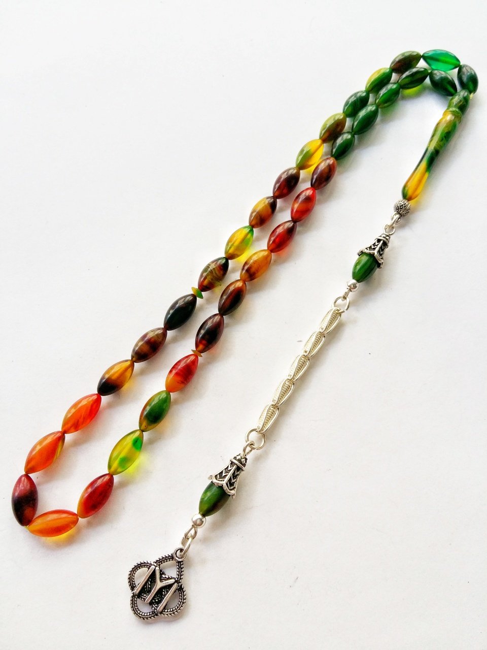 925 Ayar Gümüş Püsküllü Renk Cümbüşü Hareli Sıkma Kehribar Tesbih