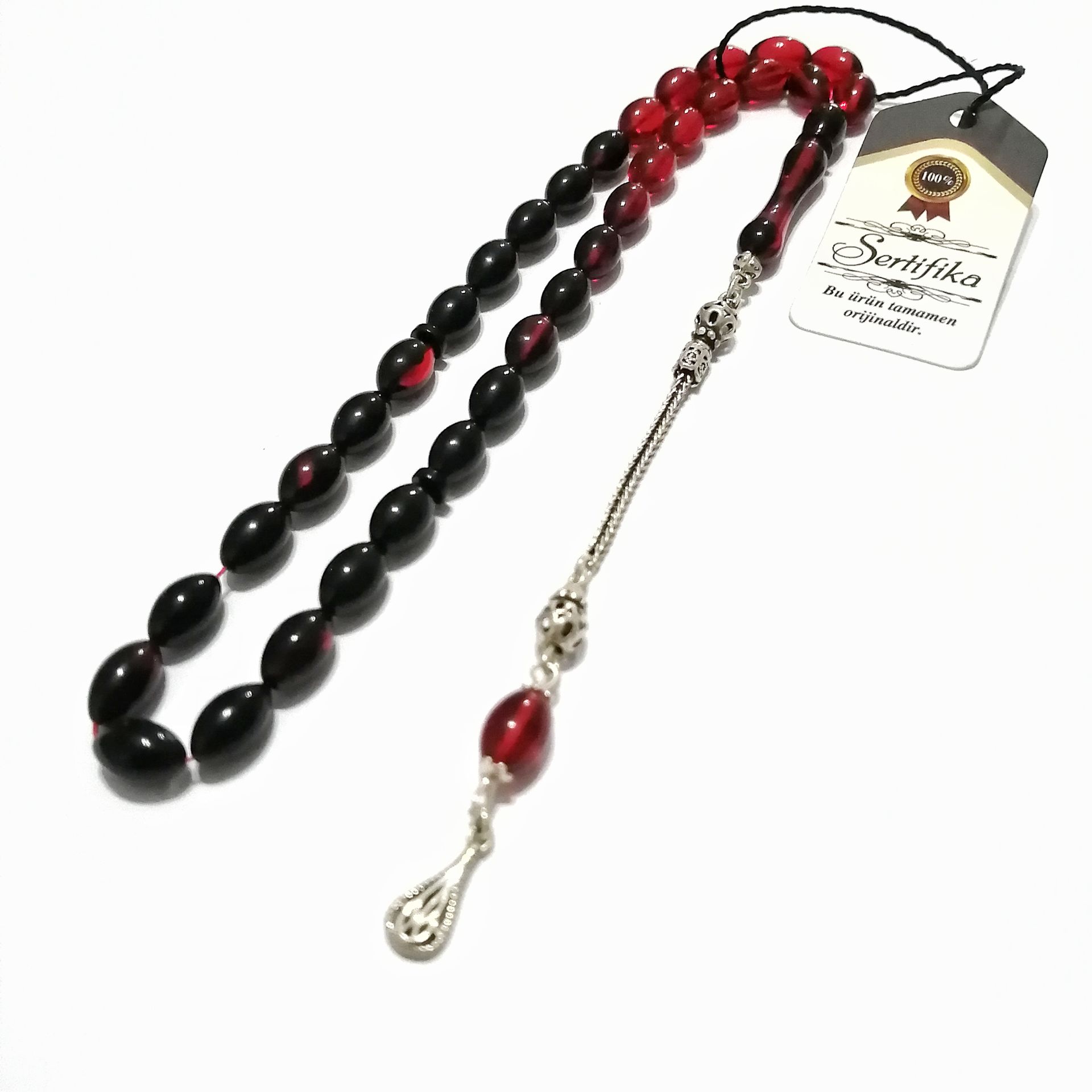 925 Ayar Gümüş Püsküllü Beyzi Kesim Kırmızı Siyah Ateş Kehribar Tesbih