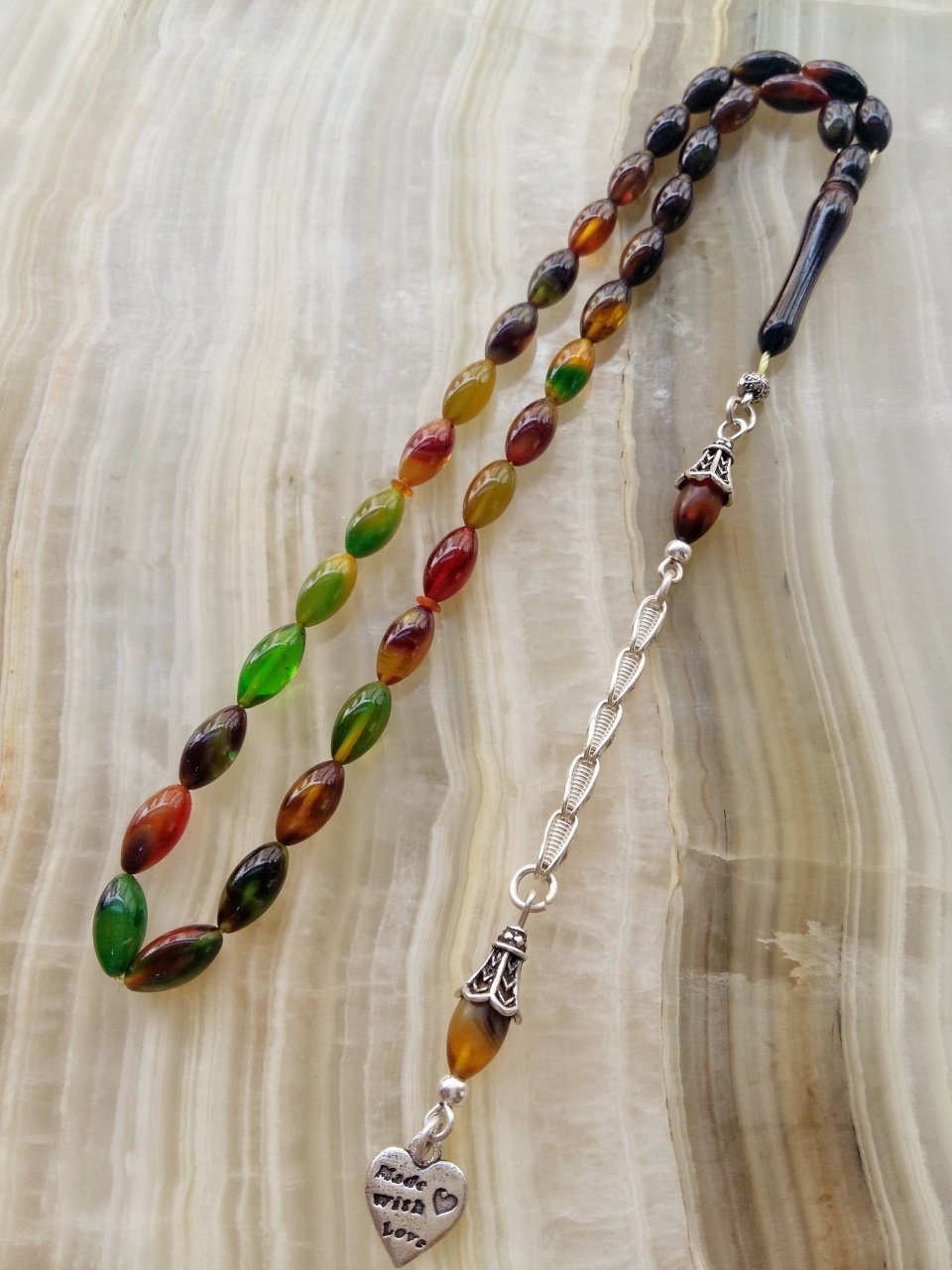 925 Ayar Gümüş Püsküllü Sıkma Kehribar Tesbih