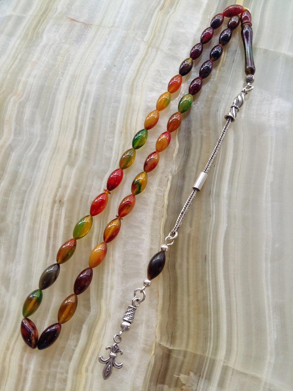 925 Ayar Gümüş Püsküllü Sıkma Kehribar Tesbih