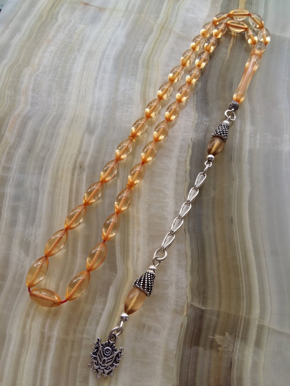 925 Ayar Gümüş Püsküllü Sıkma Kehribar Tesbih