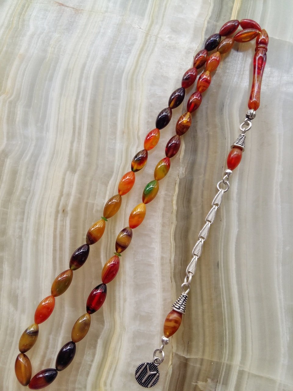 925 Ayar Gümüş Püsküllü Sıkma Kehribar Tesbih