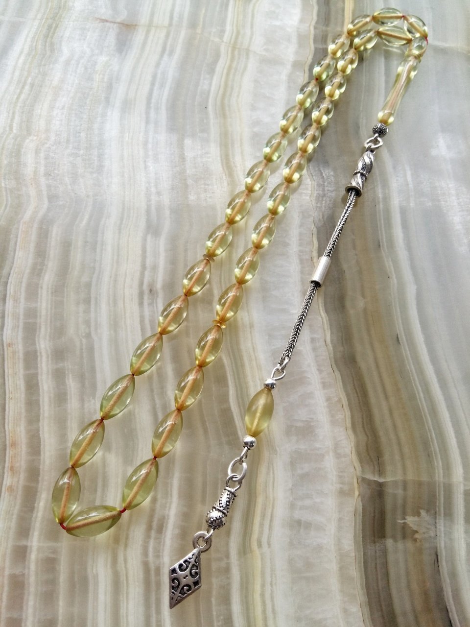 925 Ayar Gümüş Püsküllü Sıkma Kehribar Tesbih