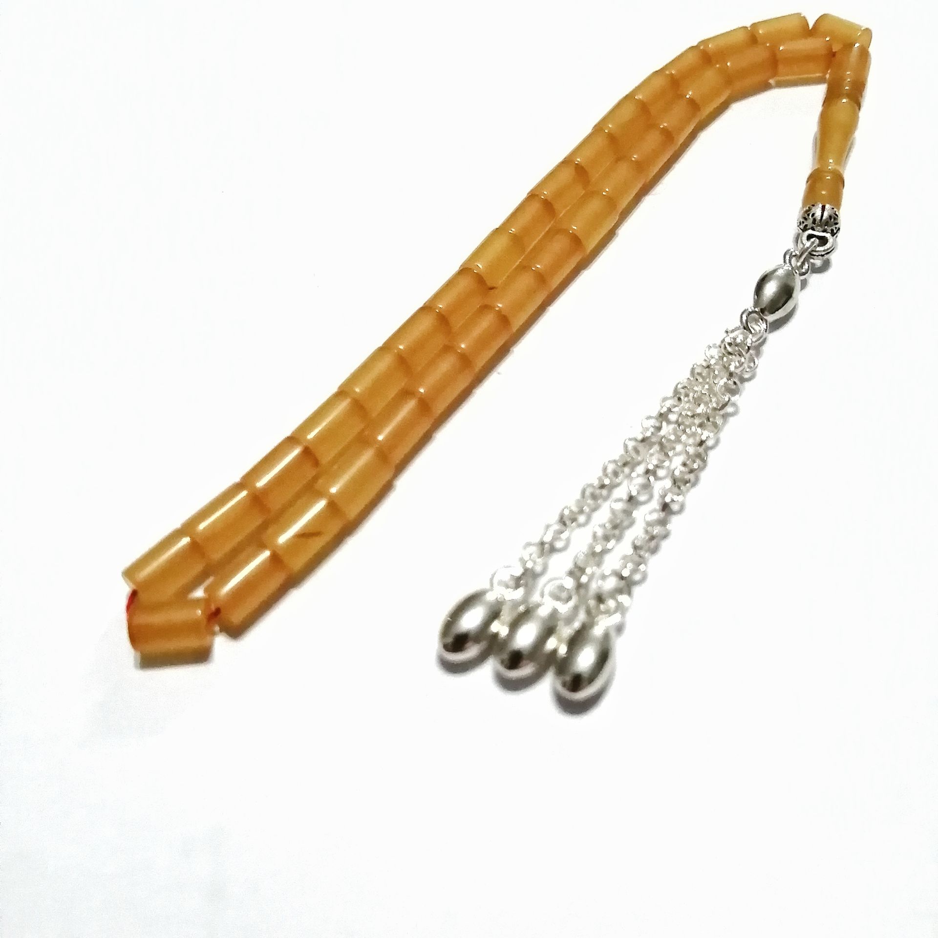 Gümüş Kaplama Alpaka Püsküllü Kesme Model Sıkma Kehribar Tesbih