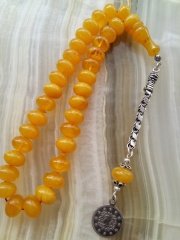 925 Ayar Gümüş Püsküllü Yoğun Hareli Özel İşçilikli Sıkma Kehribar Tesbih