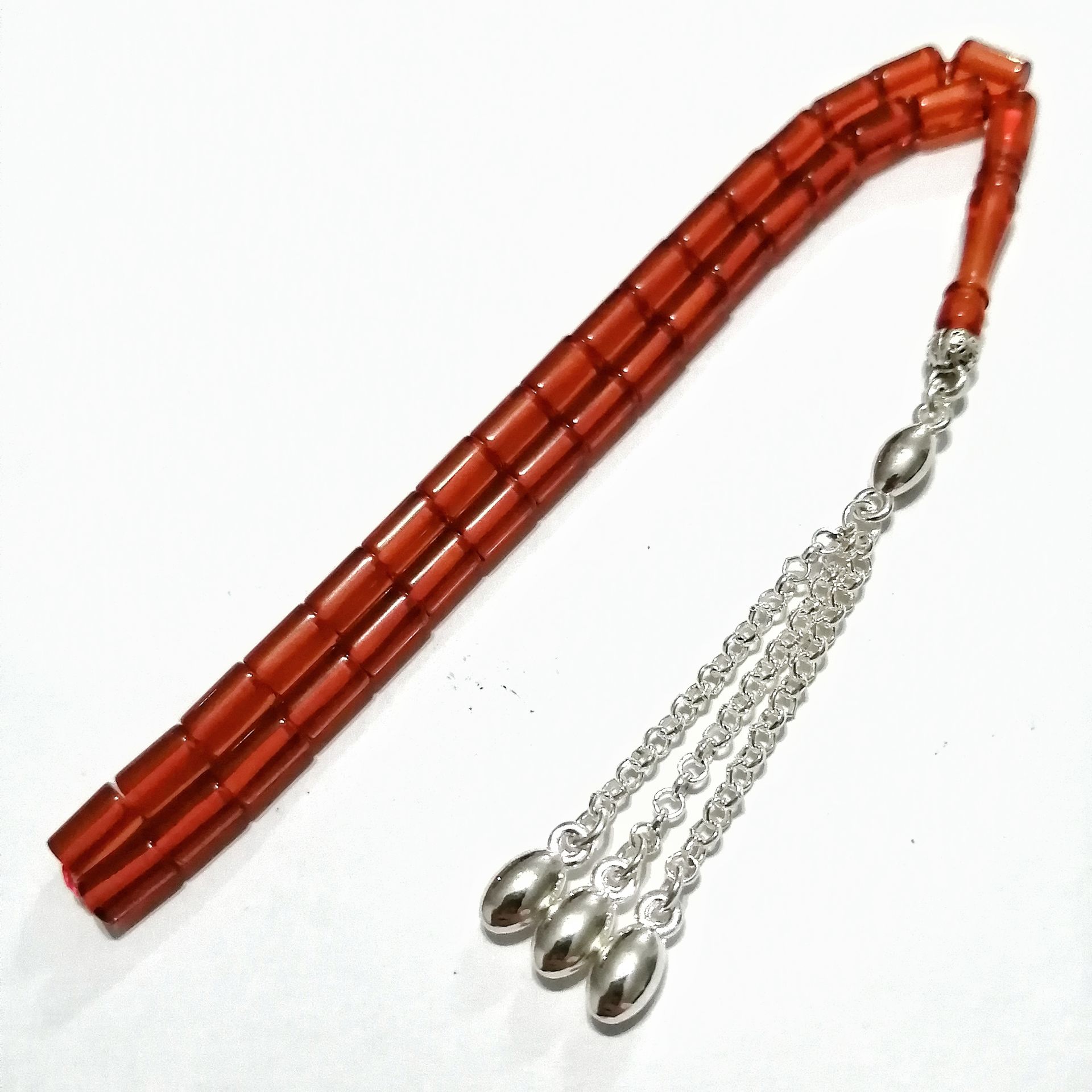 Gümüş Kaplama Alpaka Püsküllü Kesme Model Ateş Kehribar Tesbih