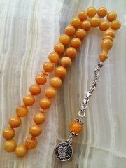 925 Ayar Gümüş Püsküllü Yoğun Hareli Özel İşçilikli Sıkma Kehribar Tesbih