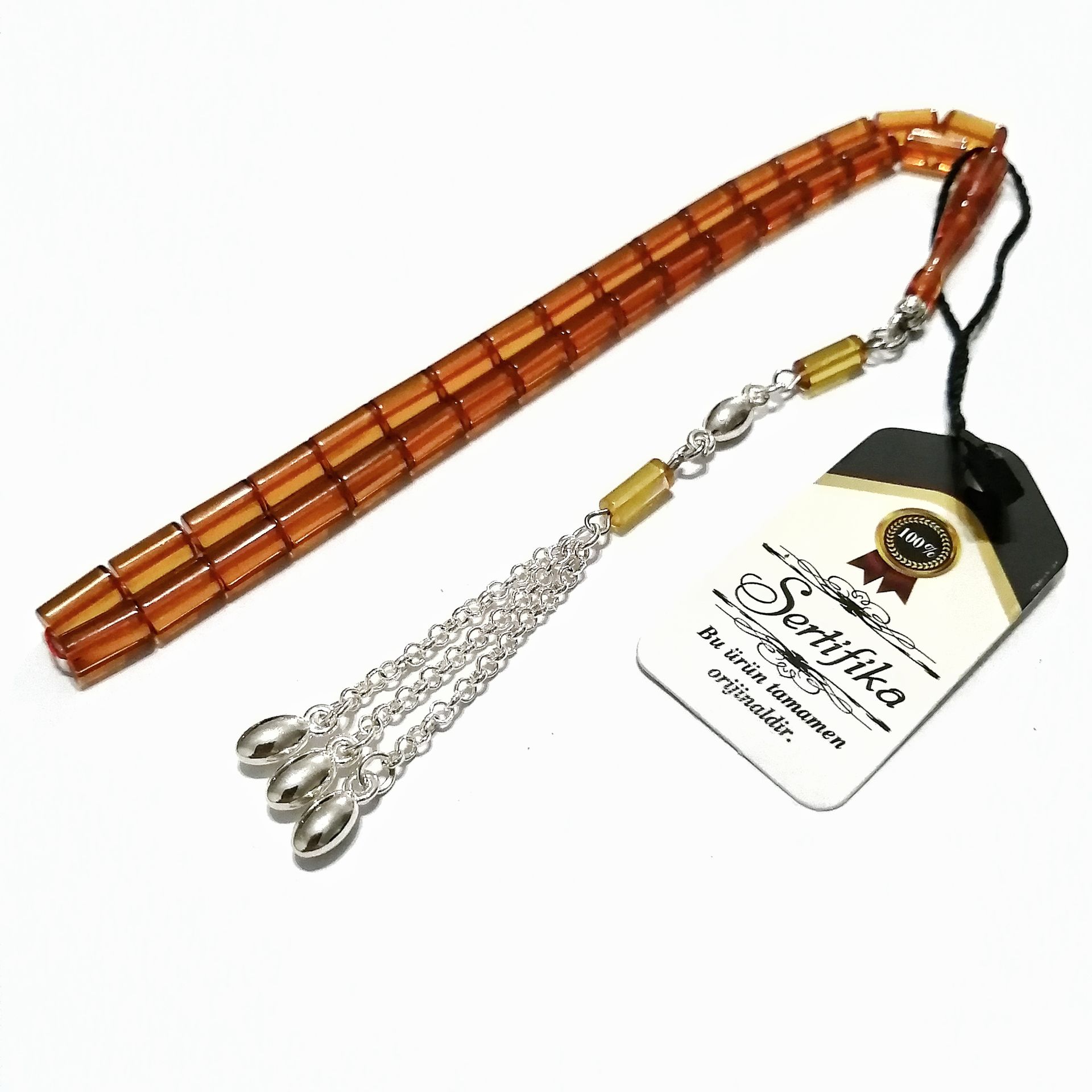 Gümüş Kaplama Alpaka Püsküllü Kesme Model Ateş Kehribar Tesbih