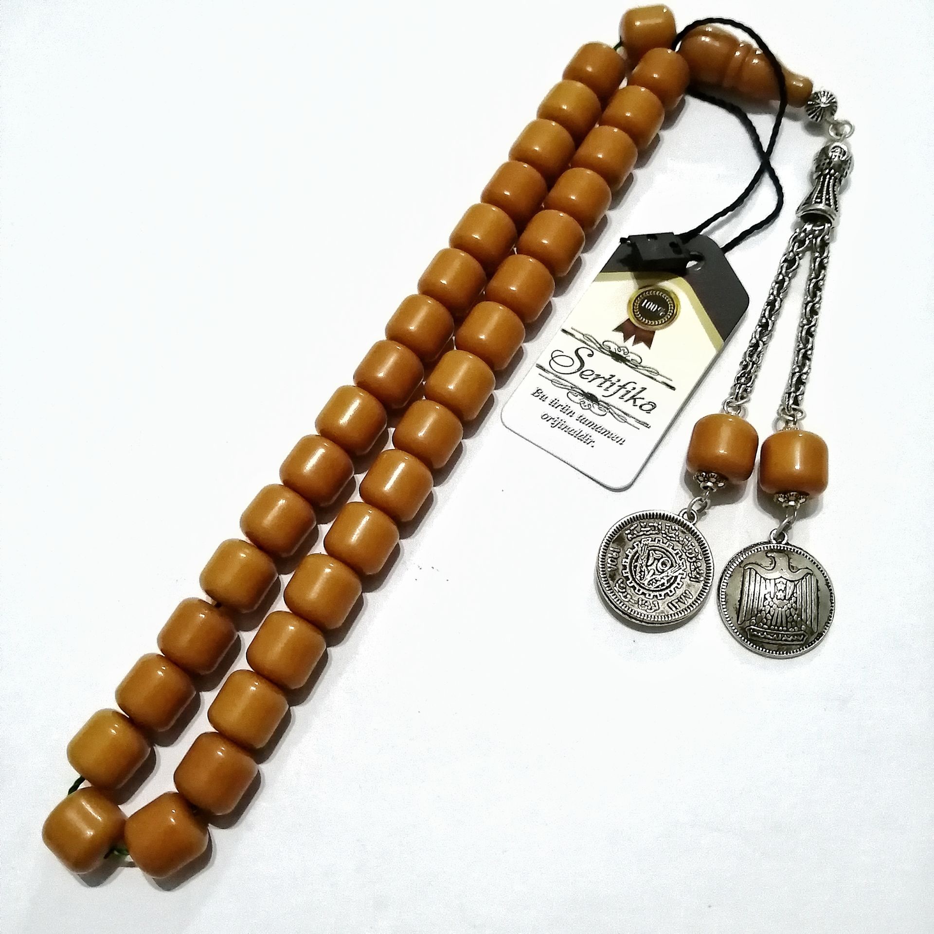 Gümüş Kaplama Alpaka Püsküllü Fıçı Kesim Çubuk Kehribar Tesbih