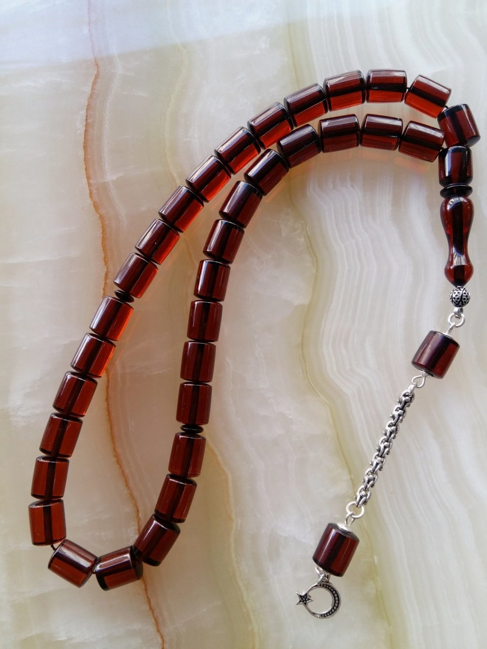 925 Ayar Gümüş Püsküllü Kesme Model Ateş Kehribar Tesbih