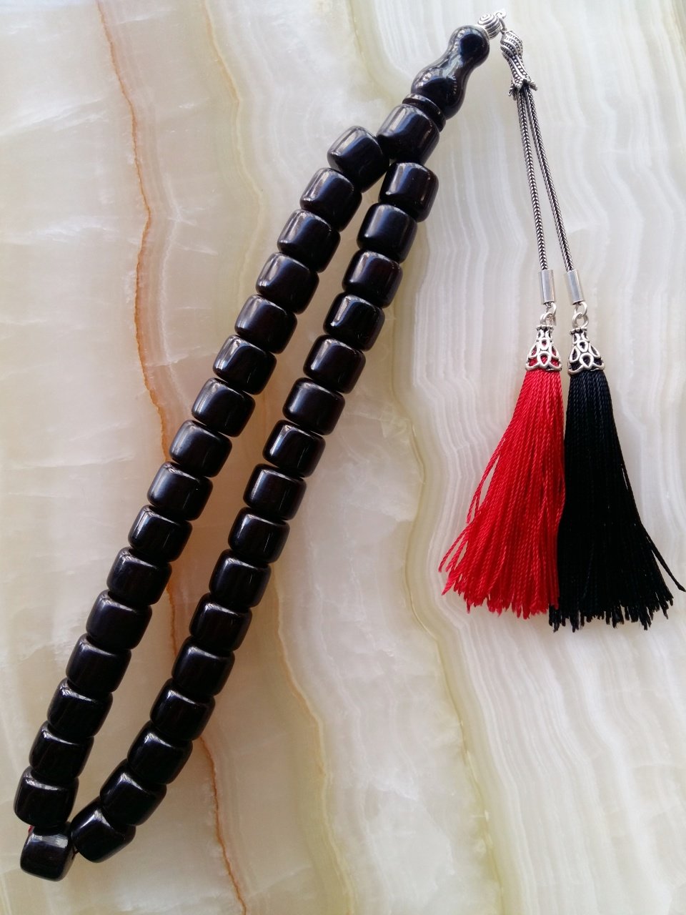 925 Ayar Gümüş Püsküllü Özel İşçilikli Atölye Yapımı Tekerlek Kesim Ateş Kehribar Tesbih