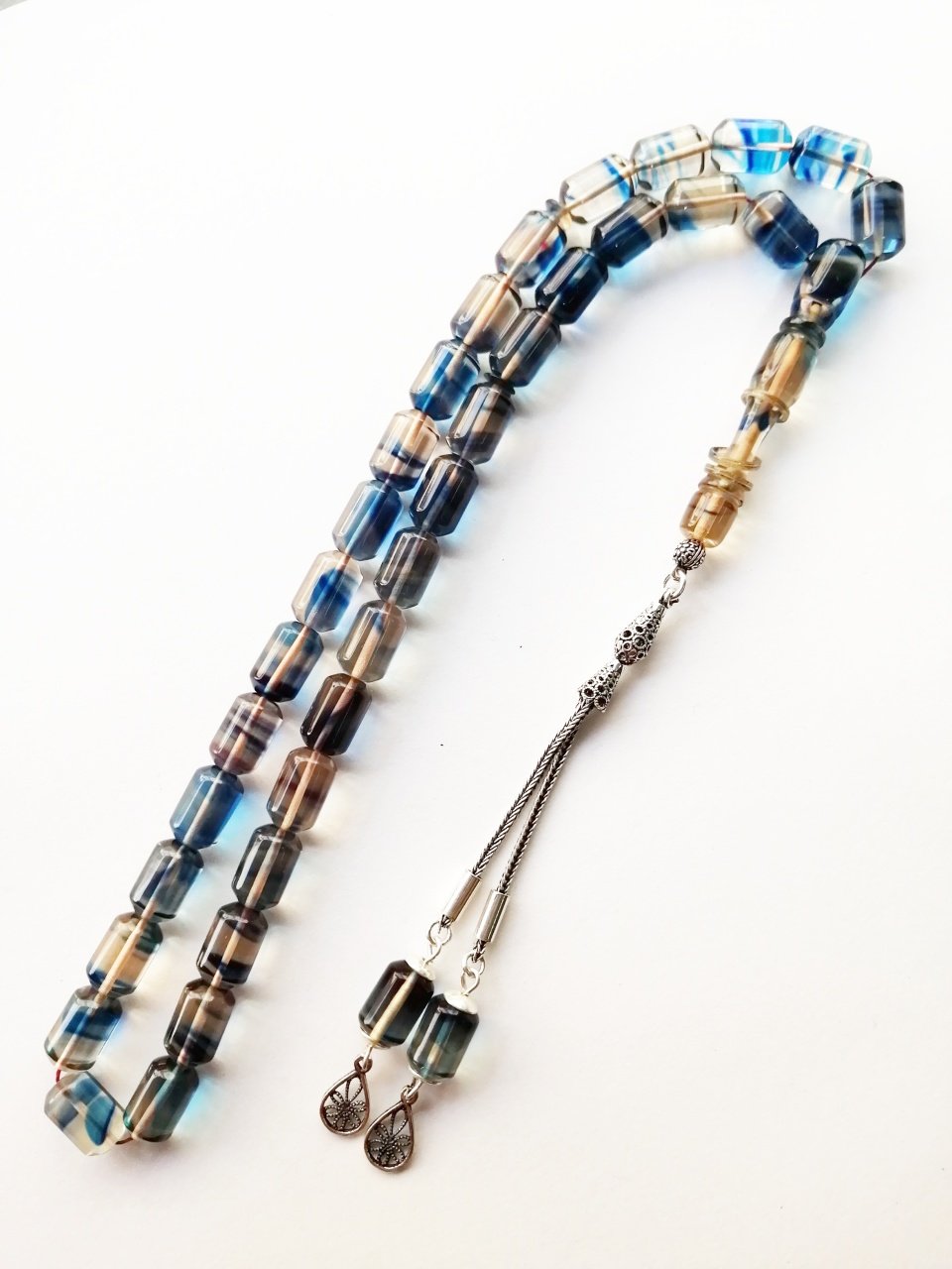 925 Ayar Gümüş Püsküllü İmamesi Halkalı Hatasız Uçlu Kapsül Kesim Hareli Sıkma Kehribar Tesbih