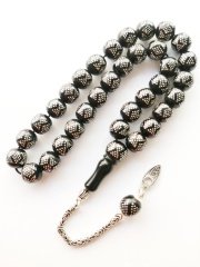 925 Ayar Gümüş Püsküllü Gümüş İşlemeli Küre Kesim Rustaşı Tesbih