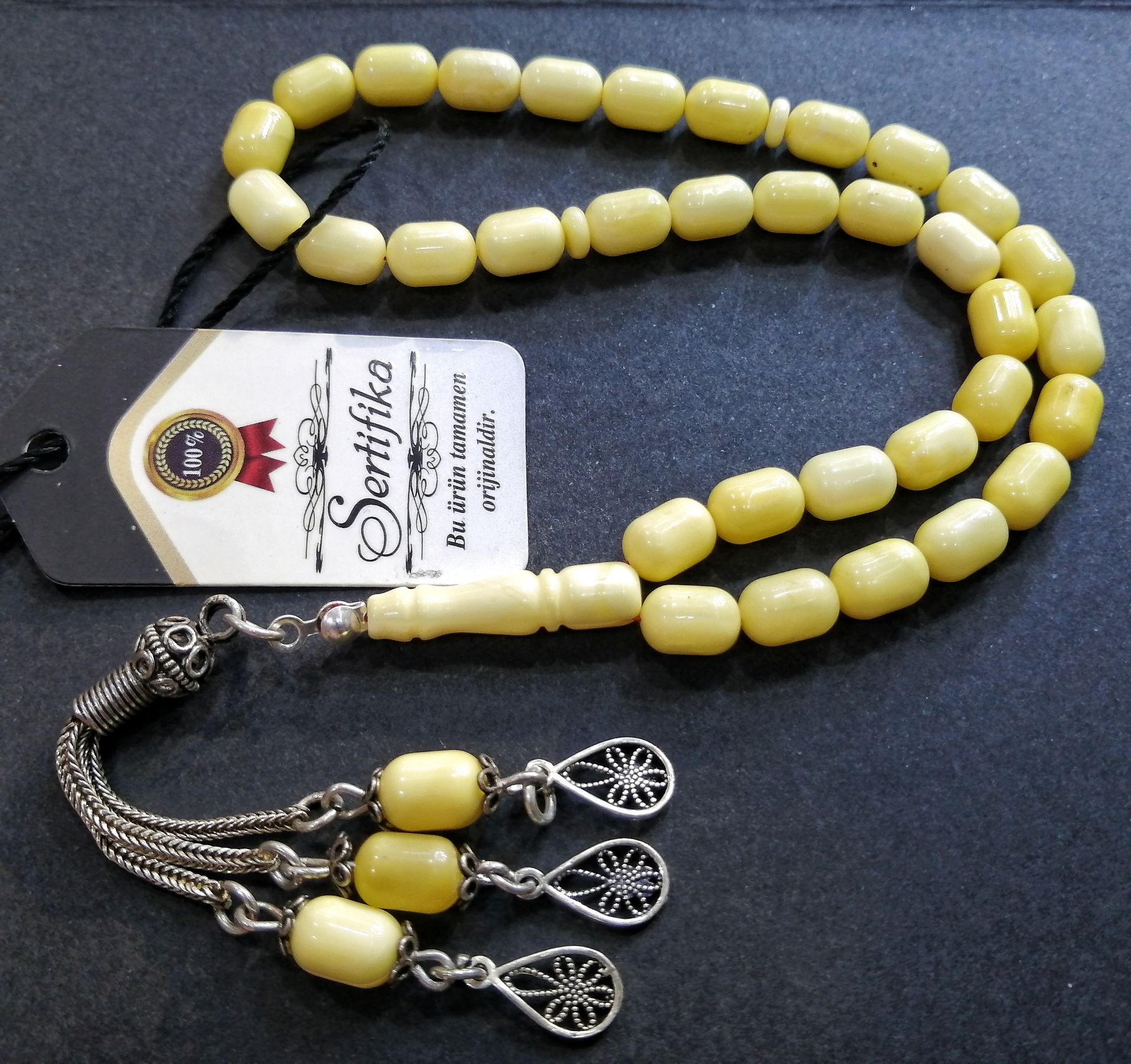 925 Ayar Gümüş Püsküllü Hareli Mat Kaya Damla Kehribar Tesbih