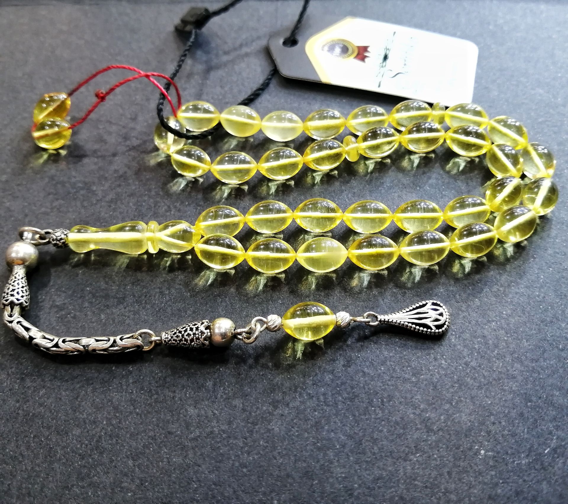 925 Ayar Gümüş Püsküllü Şeffaf Damla Kehribar Tesbih