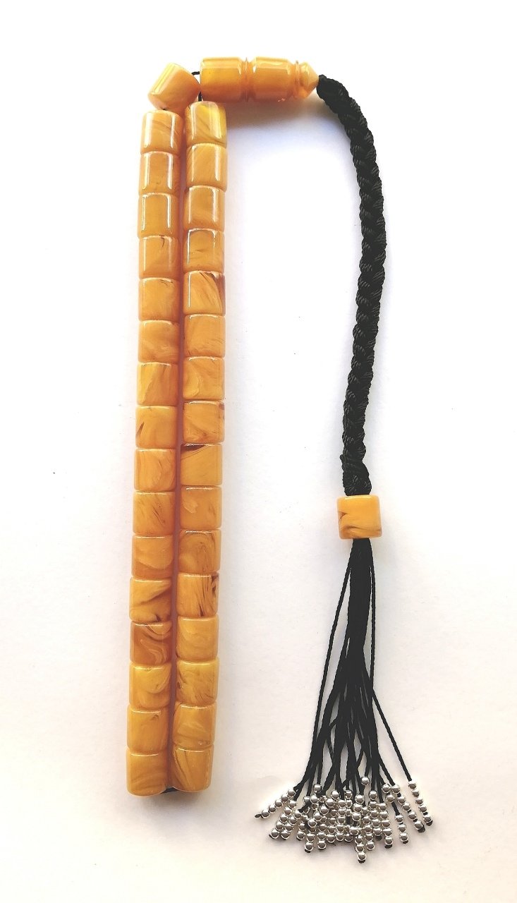 925 Ayar Gümüş İp Püsküllü Yogun Hareli Kesme Model Sıkma Kehribar Tesbih