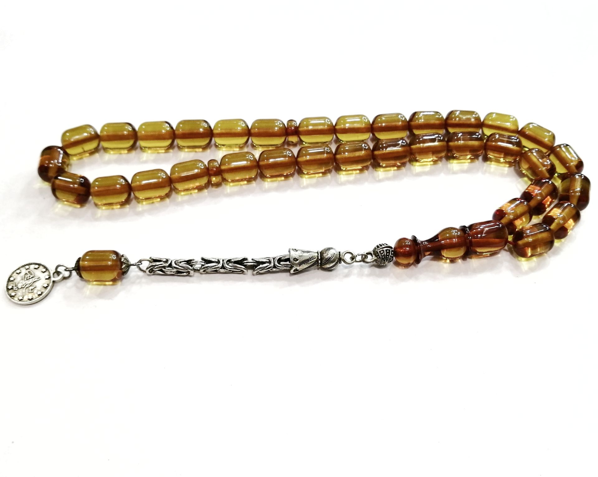 Alpaka Püsküllü Kapsül Kesim Sıkma Kehribar Tesbih