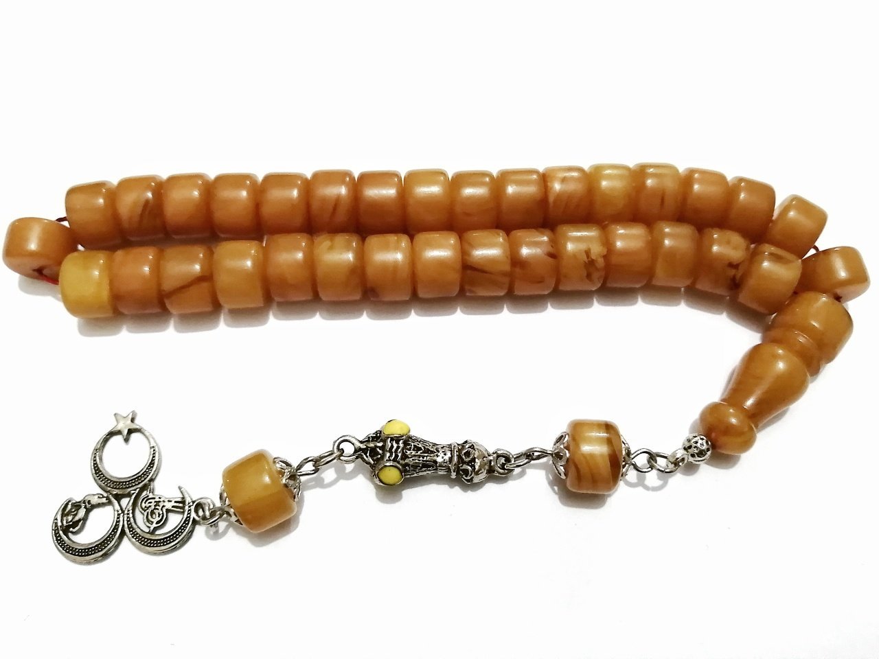 Alpaka Püsküllü Tekerlek Kesim Sıkma Kehribar Tesbih