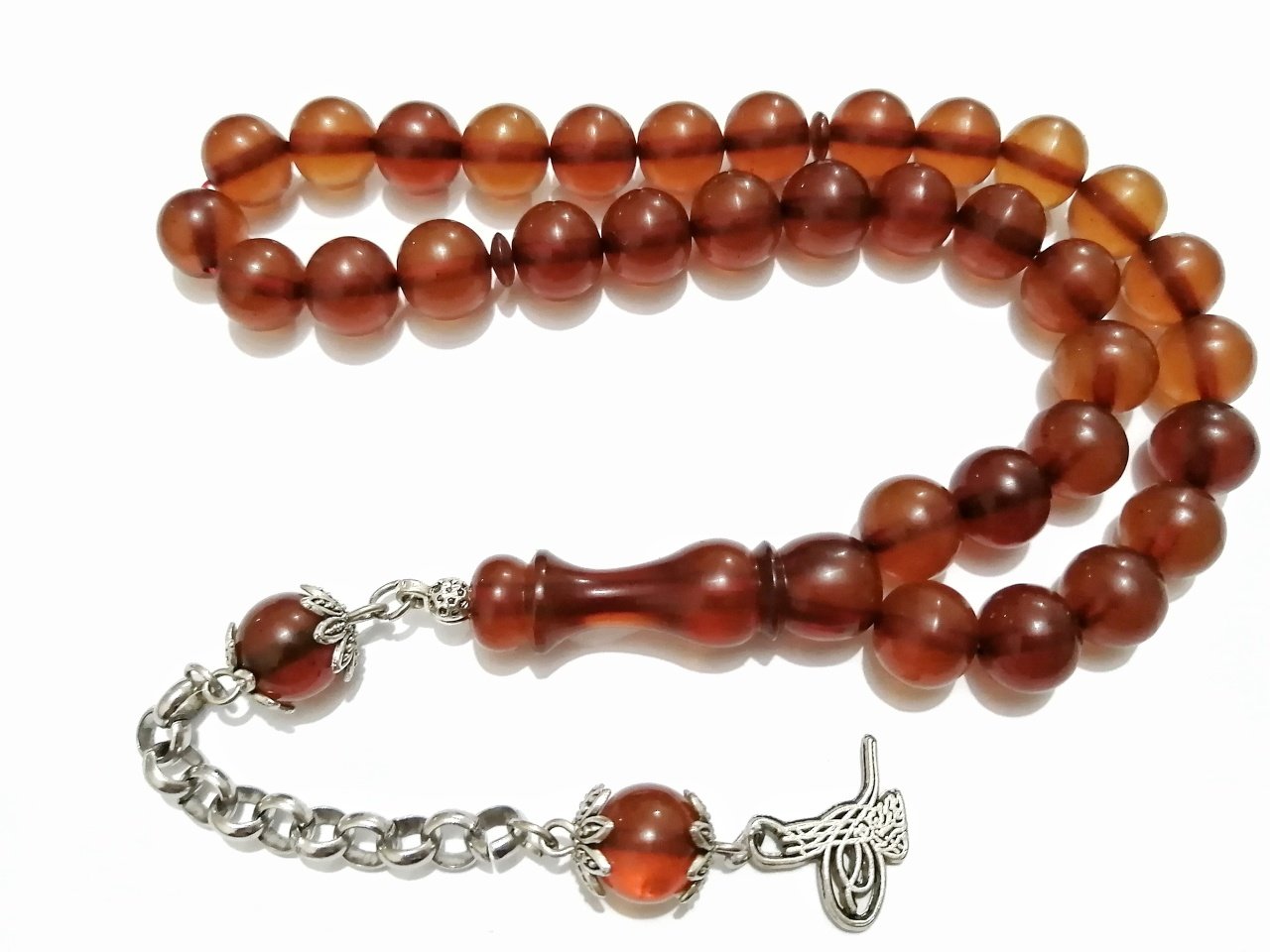 Alpaka Püsküllü Küre Kesim Sıkma Kehribar Tesbih