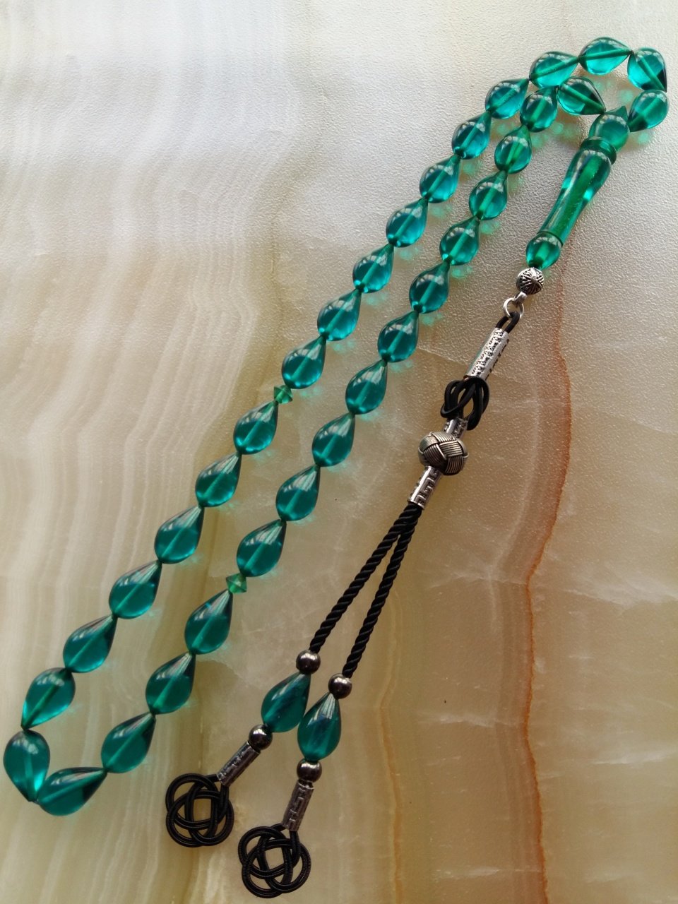 GözYaşı Damla Kesim Özel İşçilikli Kazaz Püsküllü Ateş Kehribar Tesbih