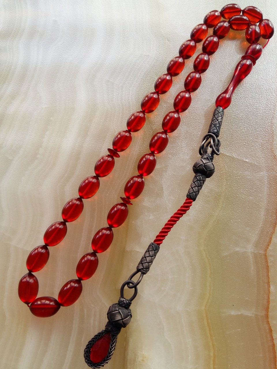 Kazaz Püsküllü Elde Yağ Gibi Çekimi Olan Özel İşçilikli Ateş Kehribar Tesbih