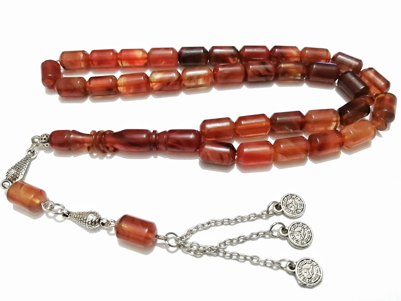 Alpaka Püsküllü İmamesi Halkalı Uçlu Kapsül Kesim Hareli Sıkma Kehribar Tesbih