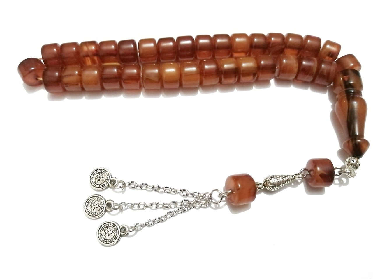 Alpaka Püsküllü Tekerlek Kesim Hareli Sıkma Kehribar Tesbih