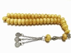 Alpaka Püsküllü Basık Kesim Sıkma Kehribar Tesbih