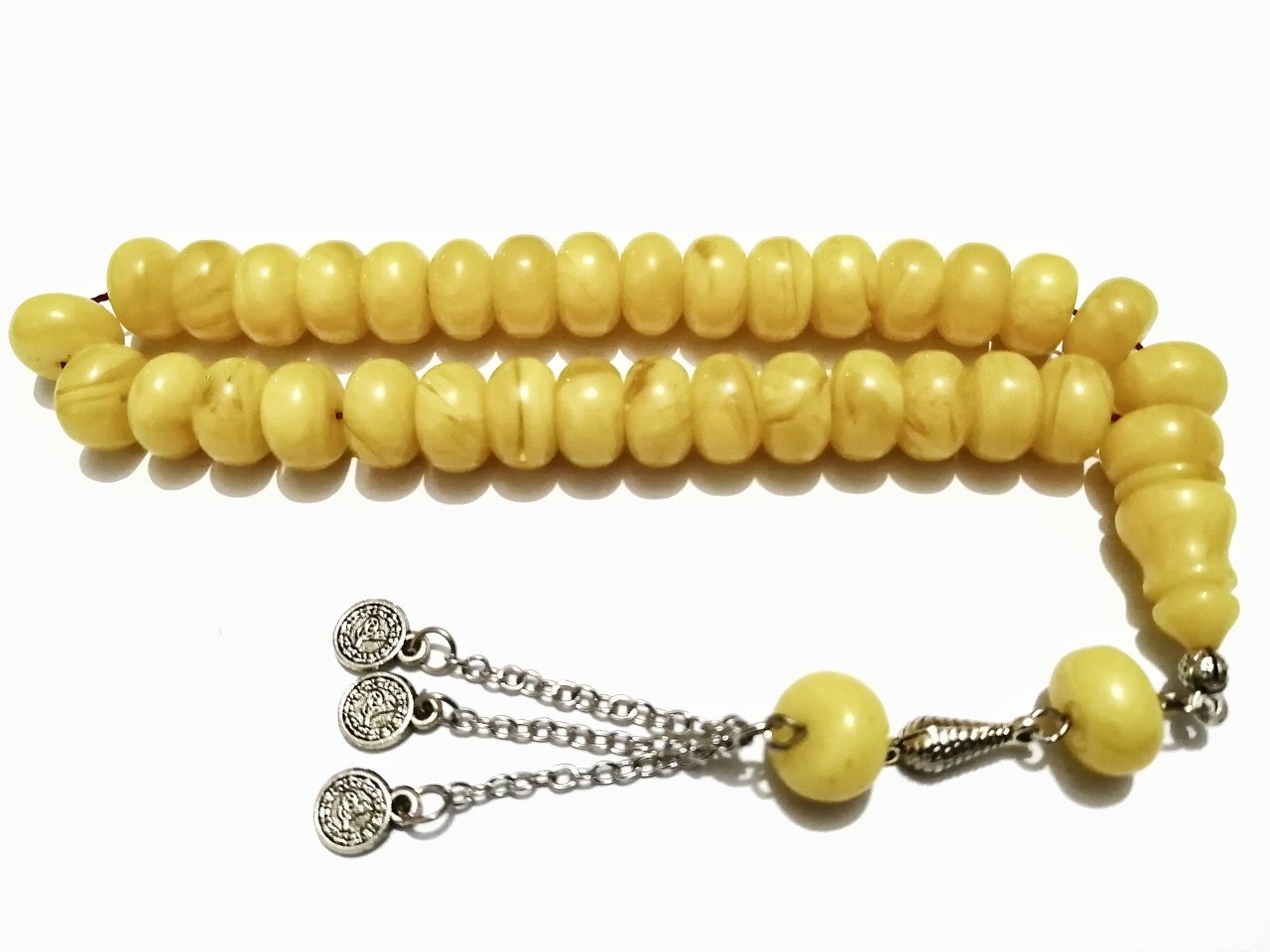 Alpaka Püsküllü Basık Kesim Hareli Limon Sarısı Sıkma Kehribar Tesbih