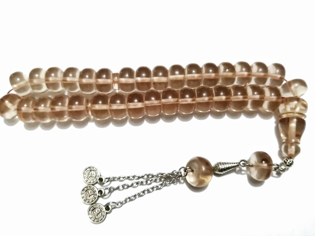 Alpaka Püsküllü Basık Kesim Şeffaf Renk Çubuk Ateş Katalin Tesbih