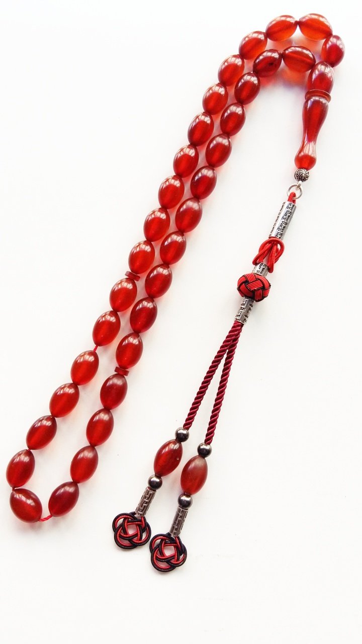 Kazaz Püsküllü Beyzi Kesim Özel İşçilikli Atölye Yapımı Sıkma Kehribar Tesbih