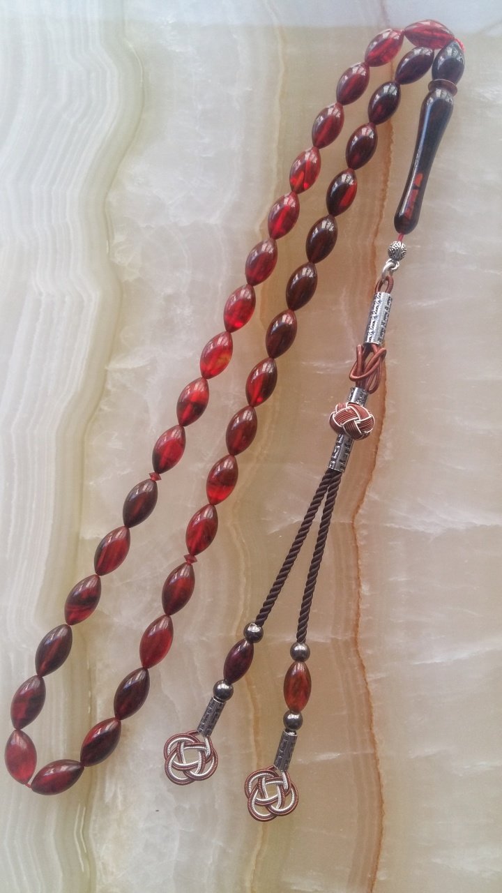 Kazaz Püsküllü Hareli Beyzi Kesim Sıkma Kehribar Tesbih