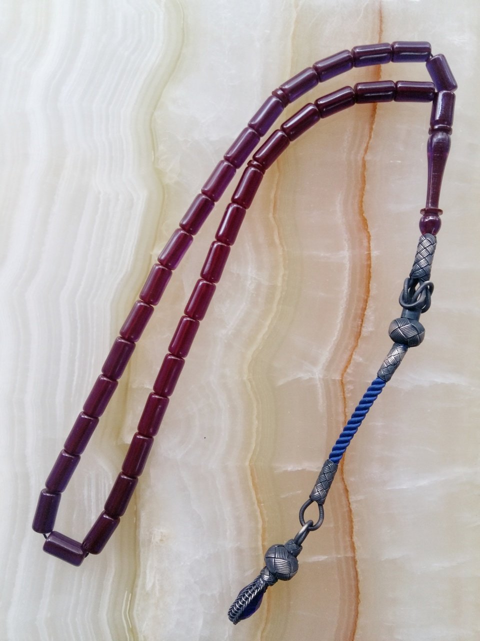 Kazaz Püsküllü Mor Yansimalı Özel İşçilikli Ateş Kehribar Tesbih.