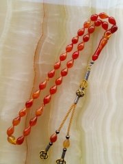 Kazaz Püsküllü Damla Kesim Hareli Özel İşçilikli Atölye Yapımı Sıkma Kehribar Tesbih