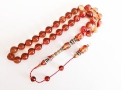 İmamesi 925 Ayar Gümüş İşçilikli Tombul Beyzi Kesim Sıkma Kehribar Tesbih