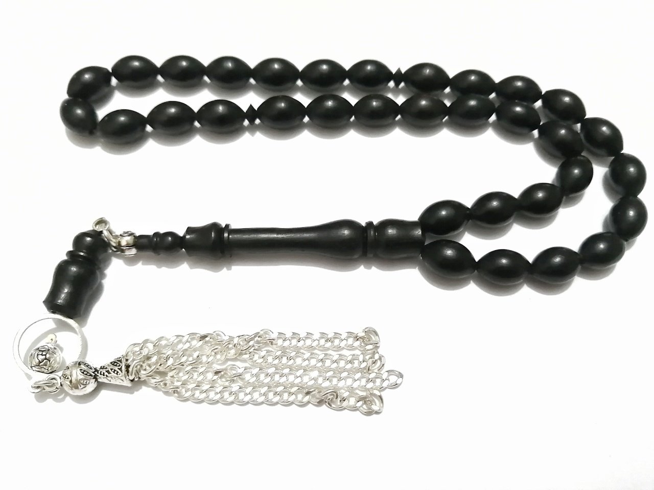 Gümüş Kaplama Püsküllü Beyzi Kesim Abanoz Ağacı Tesbih